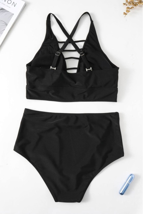 Fashionable plus size swimsuit with high waist and ties at the neckline