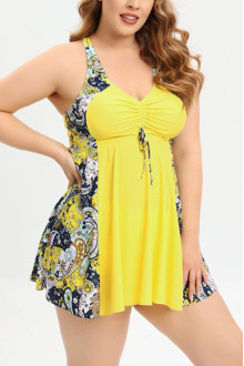 Plus size tankini in yellow color with paisley print