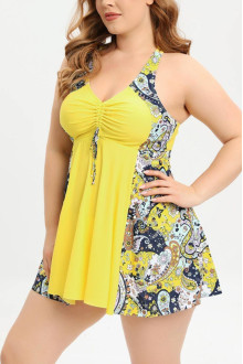 Plus size tankini in yellow color with paisley print