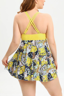 Plus size tankini in yellow color with paisley print