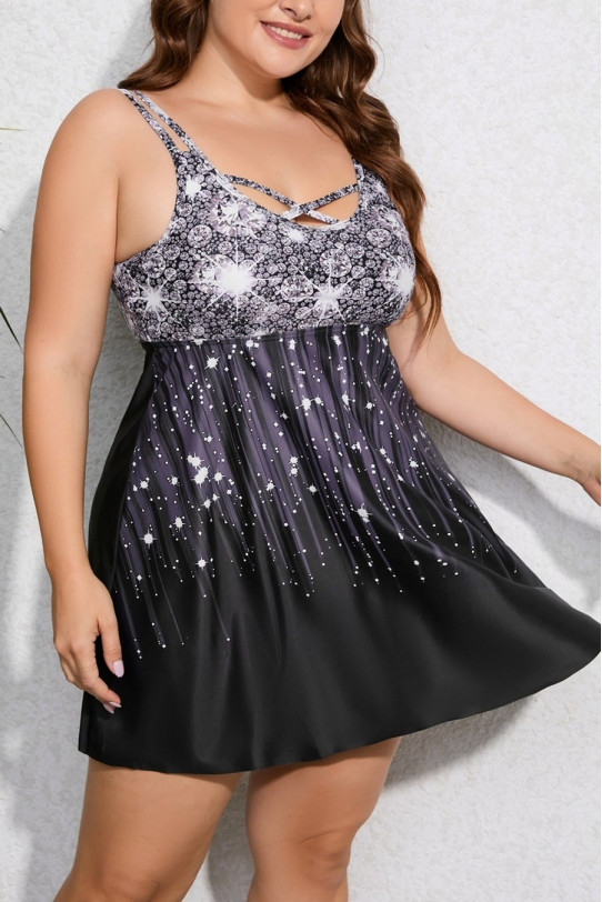 Plus size tankini in black and white glitter print