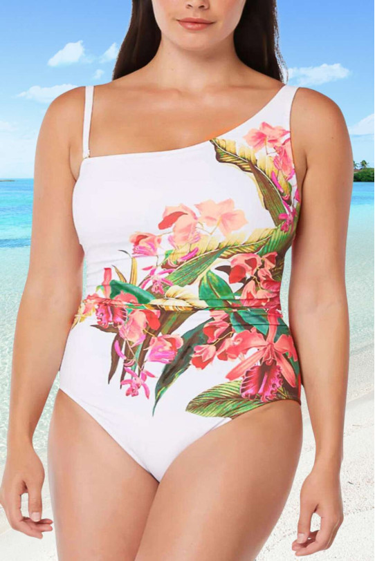 Stylish white plus size swimsuit with a floral print