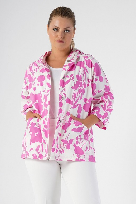 Luxurious white plus size jacket with floral print in pink