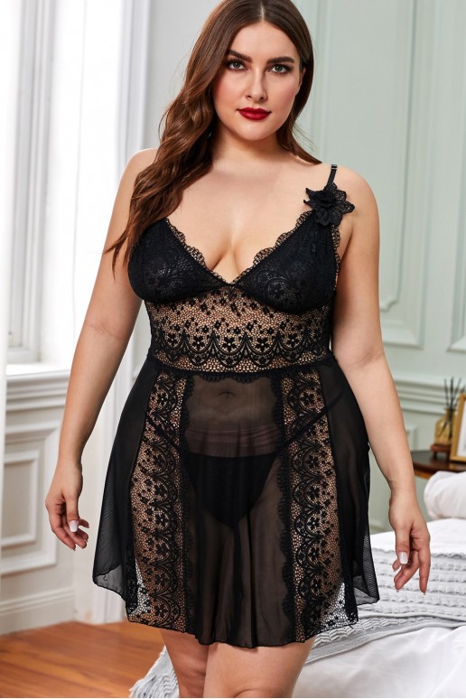 Sexy plus size nightgown made of black lace and soft fine tulle