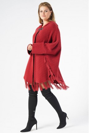 Luxurious fringe maxi coat in ash red