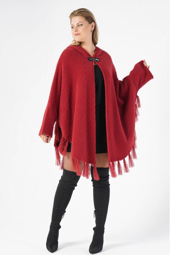 Луксозно макси палто с ресни в пепеляво червено