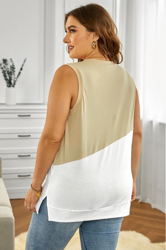 Дамска макси блуза без ръкави в бежово и бяло