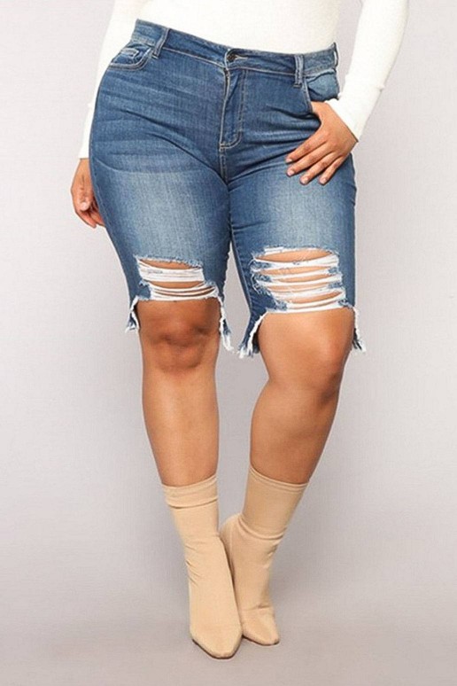 Denim plus size pants with torn to the knee