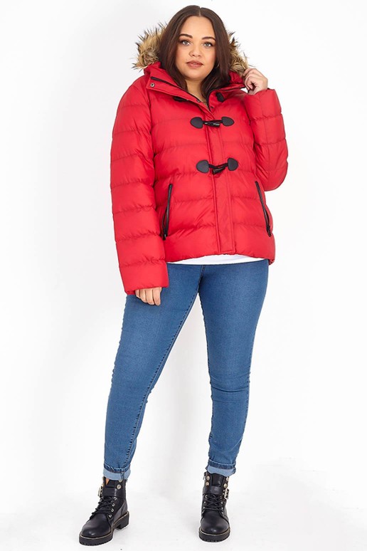 Plus size winter down jacket with a hood in red