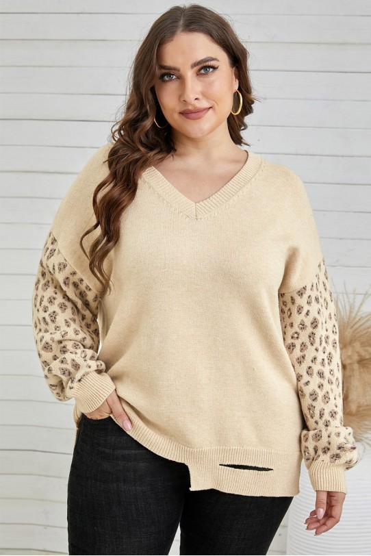 Модерен макси пуловер с V-образно деколте в топло бежово