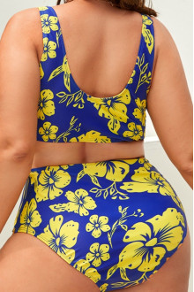 Half plus size swimsuit in blue and yellow floral print