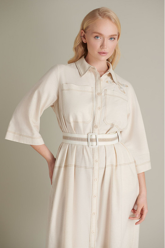 Luxurious linen plus size dress with belt and midi length