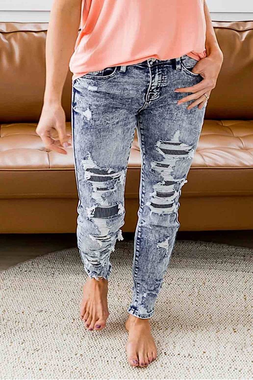 Washed denim plus size jeans with rips and patches