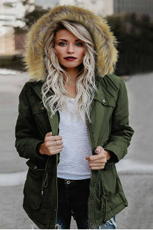 Transitional плус сизе parka jacket with fluffy hood in olive green