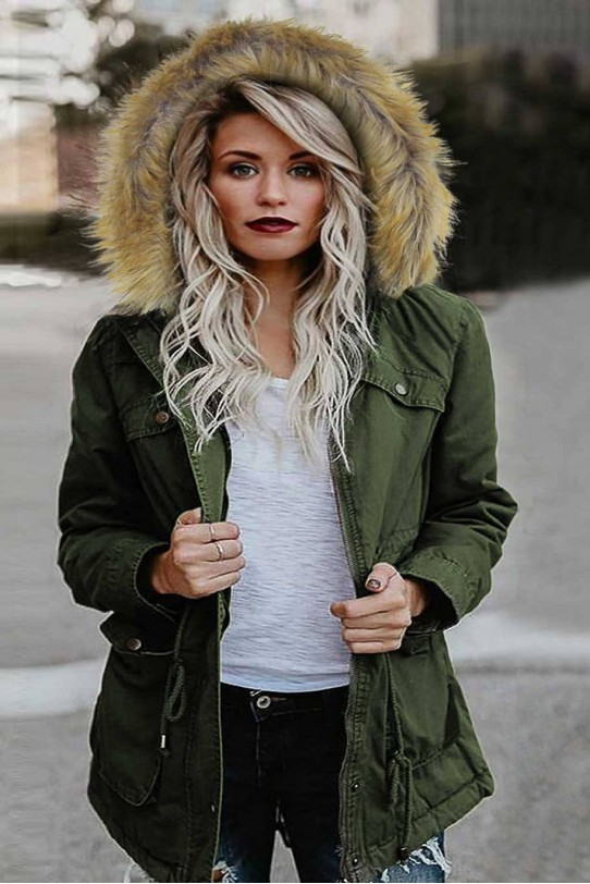 Transitional плус сизе parka jacket with fluffy hood in olive green