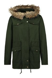 Transitional плус сизе parka jacket with fluffy hood in olive green