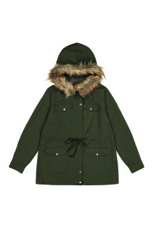 Transitional плус сизе parka jacket with fluffy hood in olive green