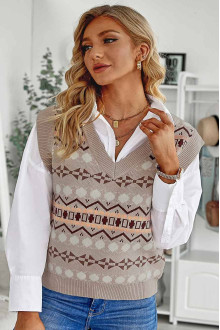 Stylish beige knitted plus size vest with embroidery type print