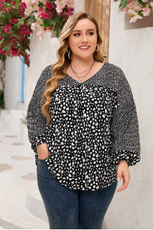 Black plus size blouse with long sleeves and white splashes