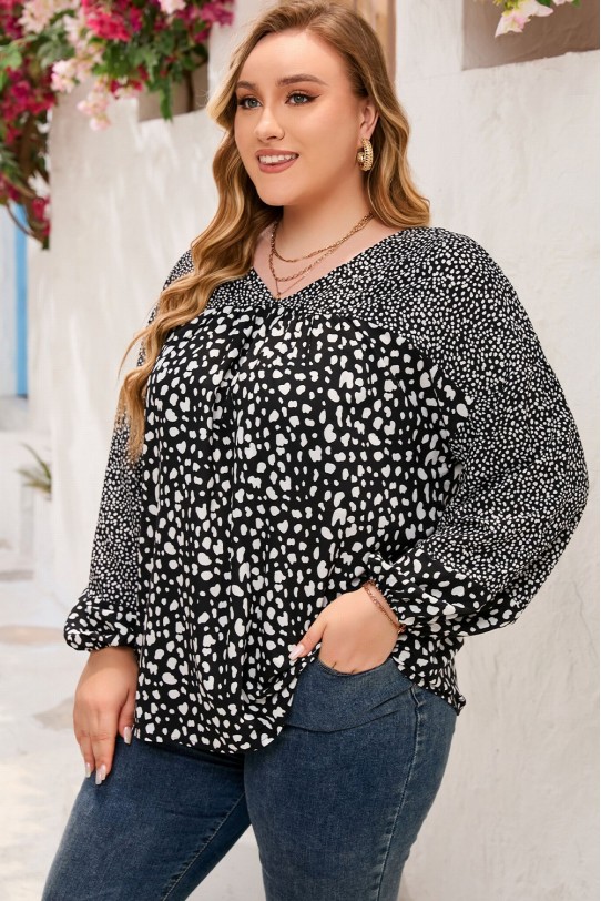 Black plus size blouse with long sleeves and white splashes