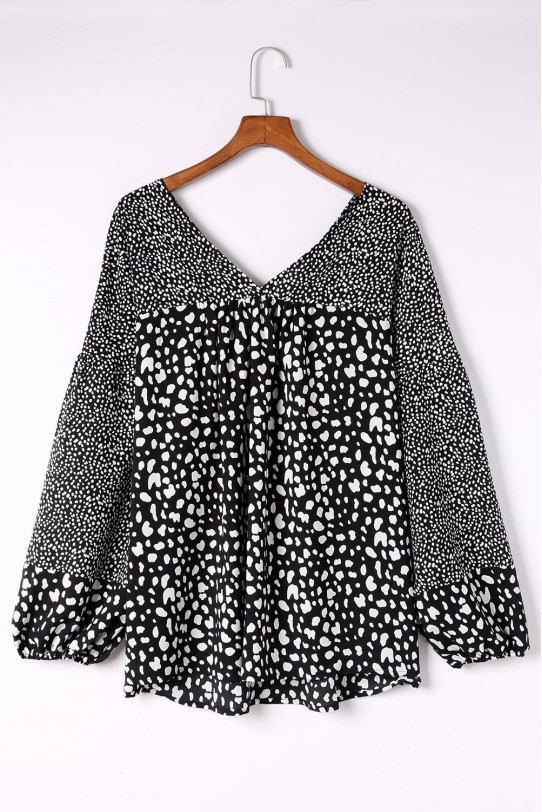 Black plus size blouse with long sleeves and white splashes