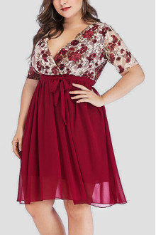 Rose red chiffon and lace plus size dress