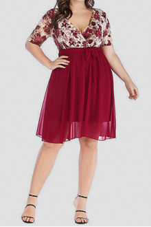 Rose red chiffon and lace plus size dress