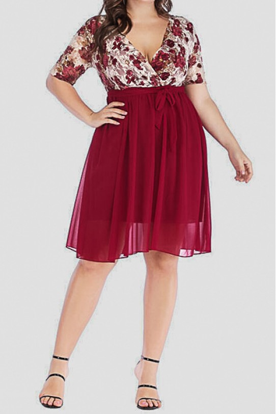 Rose red chiffon and lace plus size dress