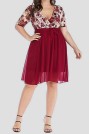Rose red chiffon and lace plus size dress