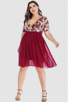 Rose red chiffon and lace plus size dress