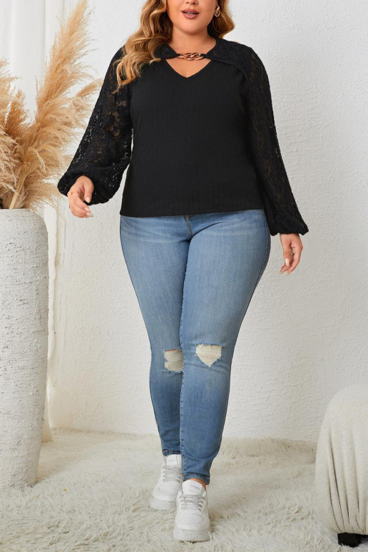 Black plus size blouse with long lace sleeves