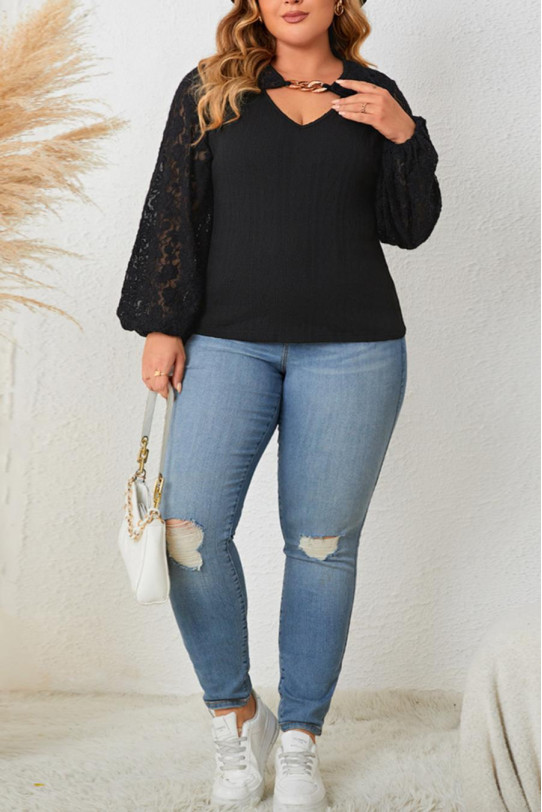 Black plus size blouse with long lace sleeves