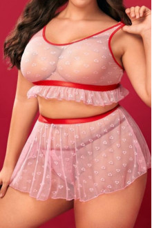 Sexy plus size skirt, bralette and thong set in hot pink