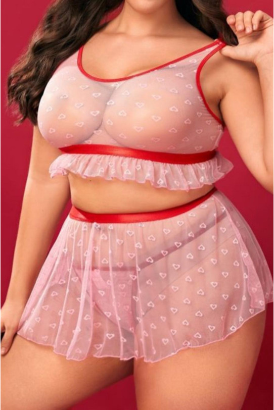 Sexy plus size skirt, bralette and thong set in hot pink