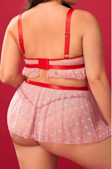 Sexy plus size skirt, bralette and thong set in hot pink