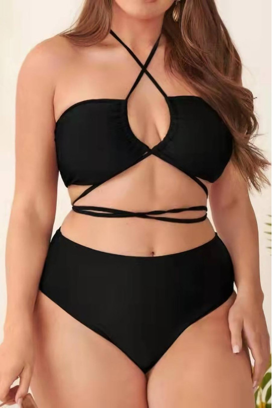 Black sexy plus size swimsuit with cross straps