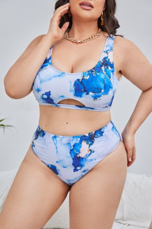 Plus size swimsuit with blue and white stripes design