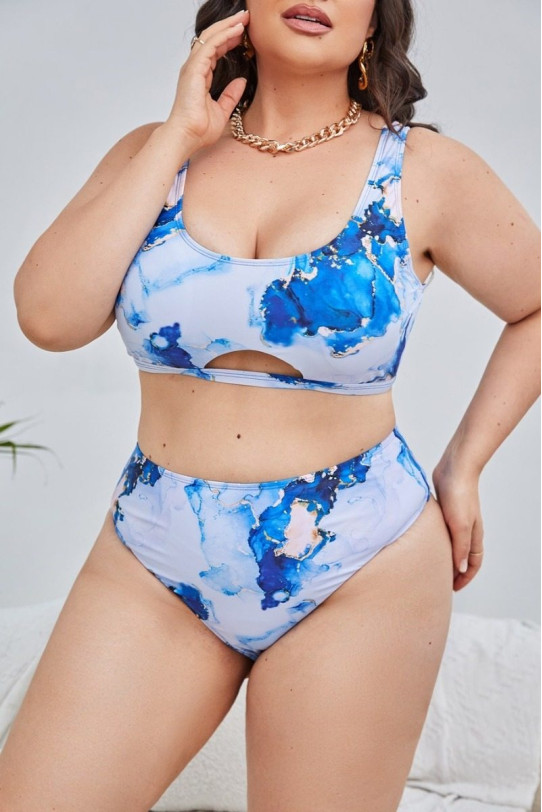 Plus size swimsuit with blue and white stripes design