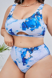 Plus size swimsuit with blue and white stripes design