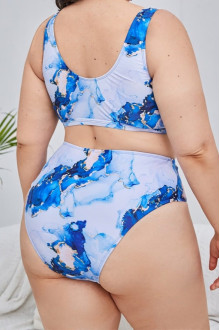 Plus size swimsuit with blue and white stripes design