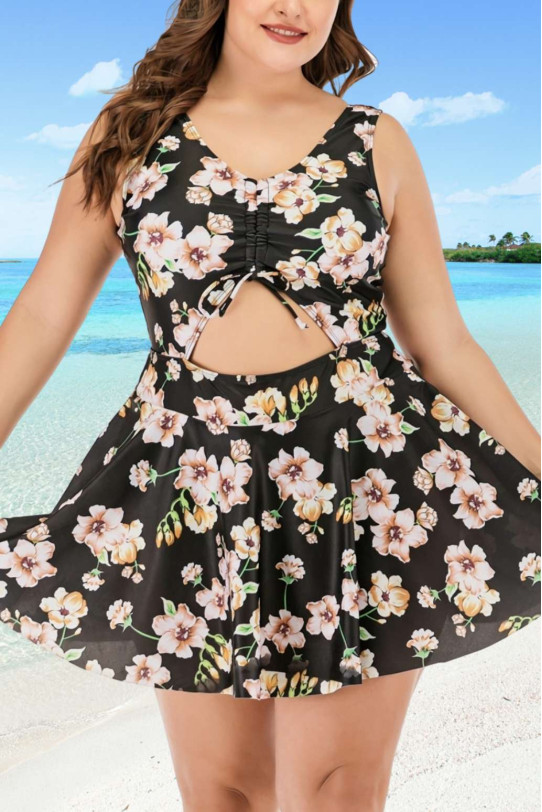 Tankini plus size swimsuit with cream flowers