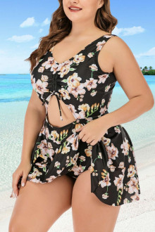 Tankini plus size swimsuit with cream flowers