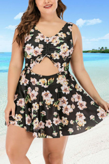 Tankini plus size swimsuit with cream flowers