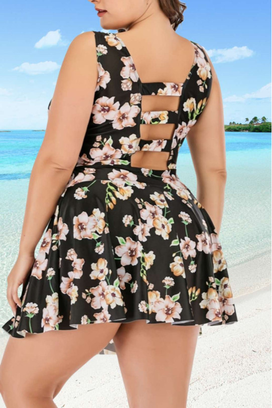 Tankini plus size swimsuit with cream flowers