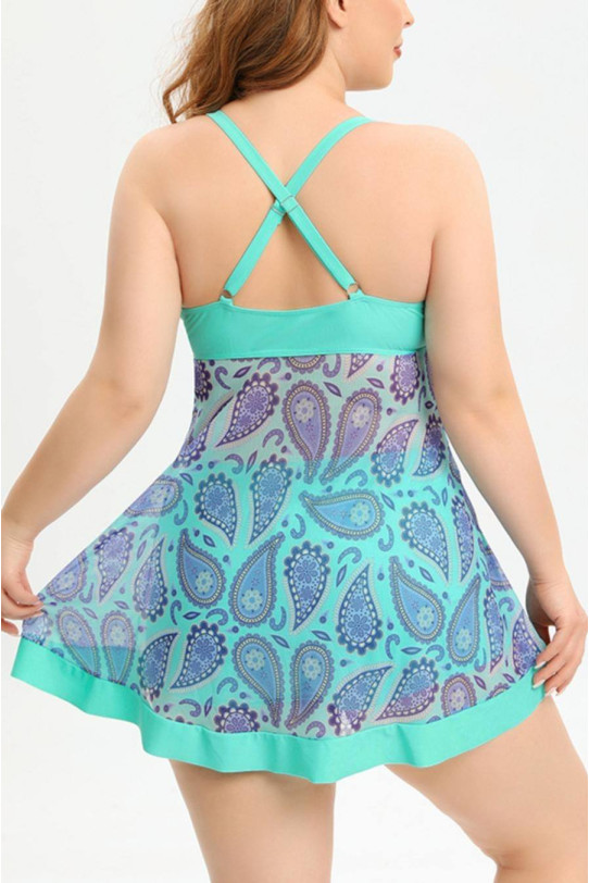 Turquoise plus size tankini with airy batik print