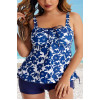 Two-piece tankini beach suit in elegant blue and white floral print