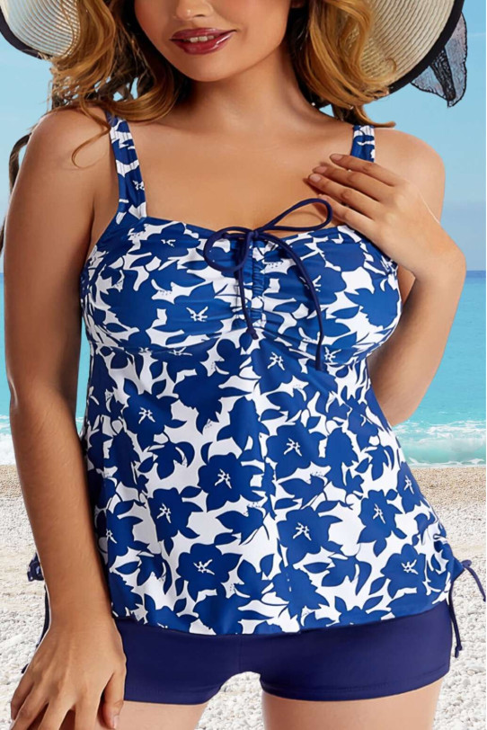 Two-piece tankini beach suit in elegant blue and white floral print