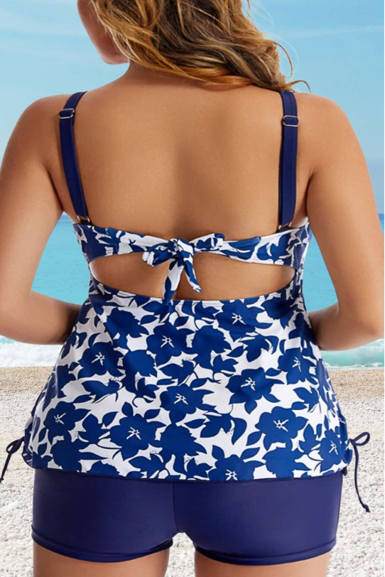 Two-piece tankini beach suit in elegant blue and white floral print