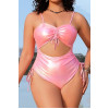 One piece pink plus size swimsuit with metallic sheen