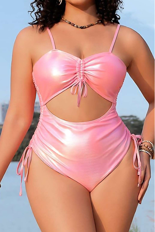 One piece pink plus size swimsuit with metallic sheen